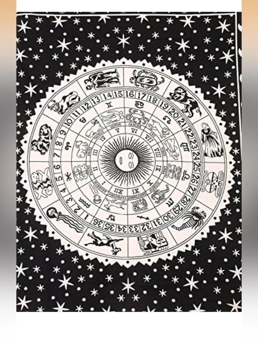 Black and White Zodiac Wheel Wall Tapestry With Stars